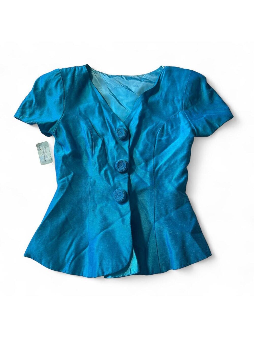 Vintage Blue Button Detail Short Sleeve Blouse 1980s